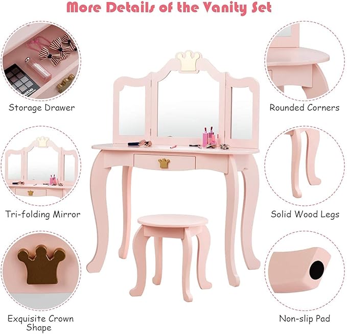 HONEY JOY Kids Vanity, Crown Themed Toddler Dressing Makeup Table and Chair Set w/Drawer & Tri-Folding Mirror, Detachable Mirror, Princess Pretend Play Girls Vanity Set with Mirror and Stool(Pink)