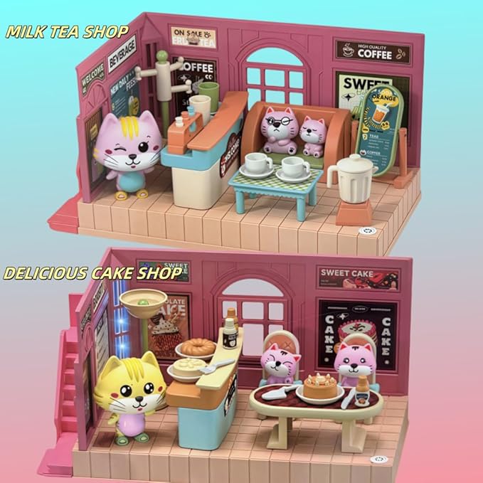 Koko's Cat Town DIY Miniature House Kit,Tiny House Cafes Building Kit,Dollhouse for 3 and up, Dollhouse Building Kit with Cats,Cat Toys Gift for Teens Kids Ages 3+