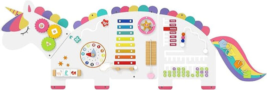 HONEY JOY Unicorn Activity Wall Busy Board Panels, 11-in-1 Wooden Sensory Wall Panel for Kids, Toddler Learning Activity Center, Ideal for Playroom Daycare Nursery Classroom Dentist Office (White)