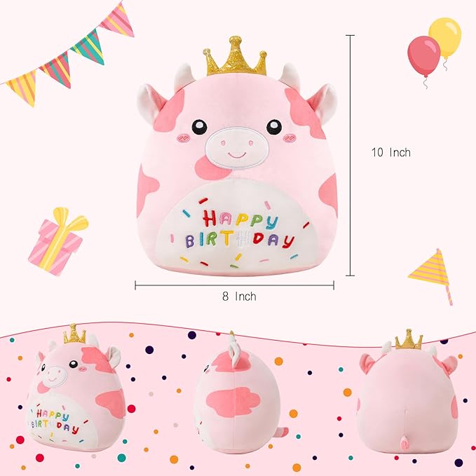 SQEQE Cow Stuffed Animal Soft Cow Stuffed Toy Birthday Party Decoration Gift Kawaii Pink Cow Plushie with Golden Crown for Kids Girls Boys(Pink Cow,10 Inch)