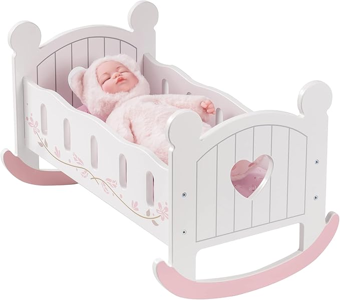 ROBOTIME Wooden Play Doll Cradle Rocking Baby Doll Crib, Reversible Doll Bedding for Toddler Girl,Fits Dolls Up to 20 Inches (White)