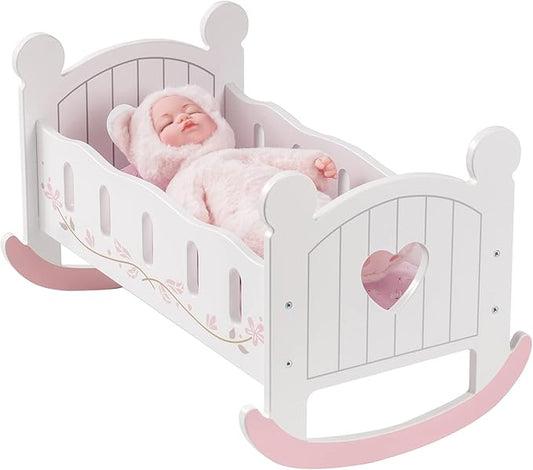 ROBOTIME Wooden Play Doll Cradle Rocking Baby Doll Crib, Reversible Doll Bedding for Toddler Girl,Fits Dolls Up to 20 Inches (White)