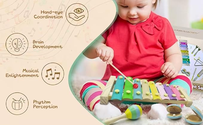 15Pcs Musical Toys for Toddlers 1-3, Baby Musical Instruments Set, Wooden Montessori Toys Percussion, Birthday Gifts for 1 2 3 Year Old Kids Boy Girls