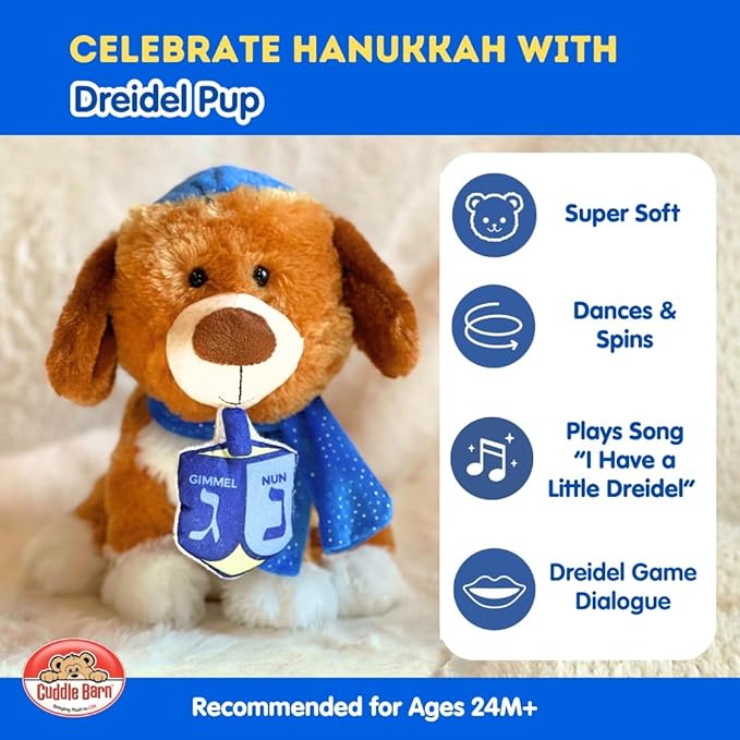 Cuddle Barn | Dreidel Pup - Funny Dancing Puppy Stuffed Animal Plush Toy for Kids | Celebrates Hanukkah in Blue Kippah or Yarmulke | Sings I Have a Little Dreidel, 9 Inches