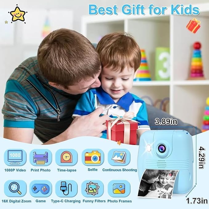GKTZ Kids Digital Camera with 32GB SD Card - Toddler Instant Print Camera with 2.4" IPS HD Screen, 1080P, 2000mAh Battery - Christmas & Birthday Gifts for 3-12 Year Old Boys and Girls, Blue
