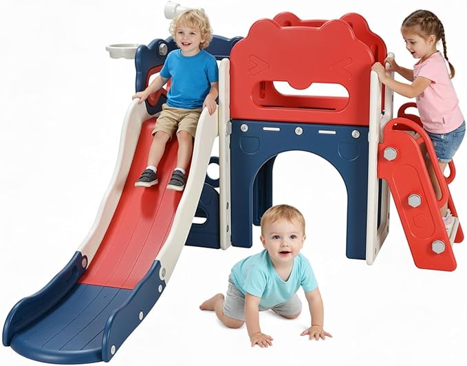 Arlopu 8 in 1 Toddler Slide Playset for Kids, Indoor Outdoor Baby Slide with Basketball Hoop, Telescope & Storage Space, Kids Playground Climber with Enclosed Steps (Red Blue)