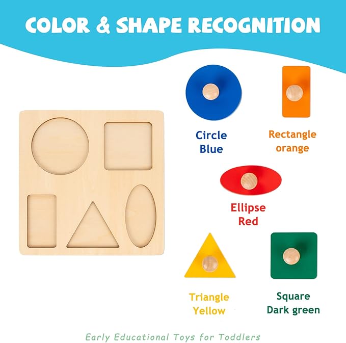 Montessori Toys for Babies 6-12 Months Wooden Shape Puzzles for Toddlers 1-3,Jumbo Knob Baby Puzzles for Easy Grasp,Color & Shape Sorter - Montessori Puzzle Preschool Learning Toys(5 Geometric Shape)