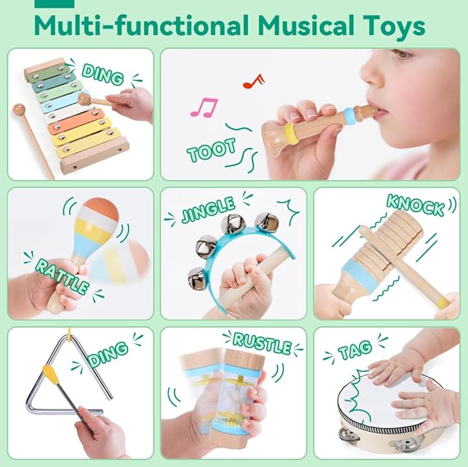Baby Musical Instruments Wooden Montessori Toys for Toddlers 1-3, Neutral Colors Boho Wooden Montessori Toys Xylophone Instruments Set with Storage Bag for 1 2 3 Year Old Kids Baby Toddlers Boys Girls