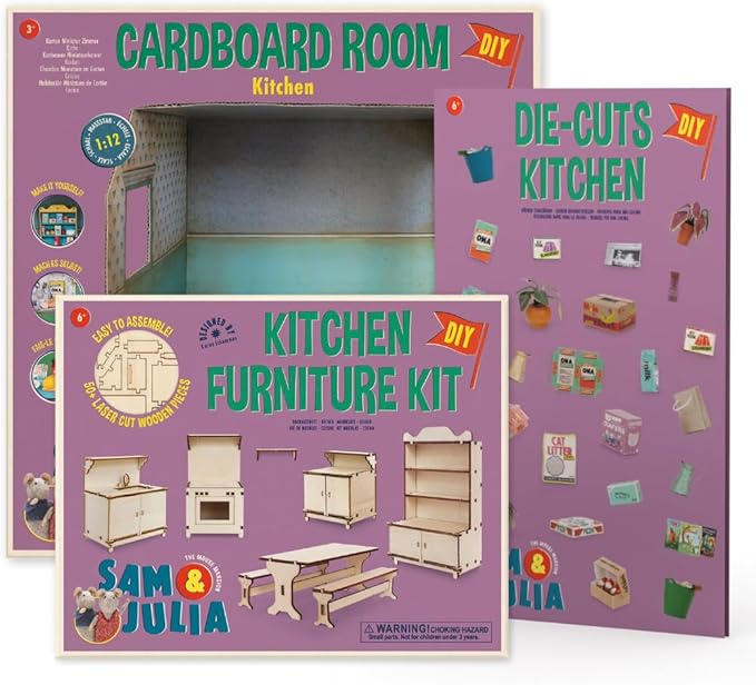Kitchen Dollhouse Craft Kit – Easy to Build & Paint Miniature Kitchen | Cardboard Room + 6 Wooden Pieces + Decoration Sheets | 1:12 Scale | Sam & Julia's Mouse Mansion