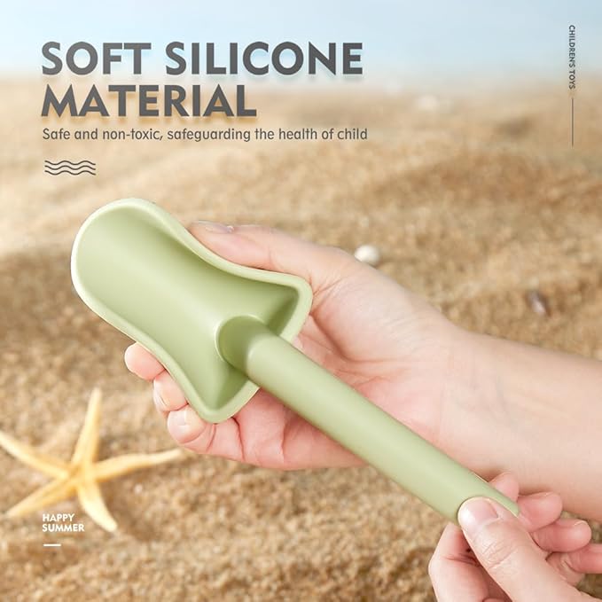 MarcZero 11Pcs Silicone Beach Toys,Modern Baby Beach Toys,Travel Friendly Beach Set,Silicone Bucket, Shovel, 8 Sand Molds, Beach Bag, Sand Toys for Toddlers, Kids (Green)