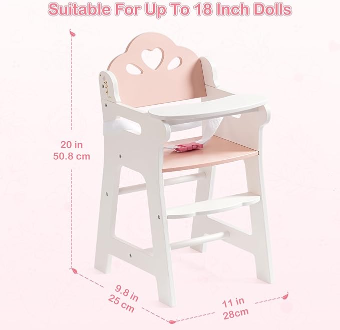 ROBOTIME Baby Doll High Chair, Pretend Play High Chair with Safety Belt and Footrest, Wooden Baby Doll Accessories, Doll Furniture Fits 18-20 Inch Dolls, Gift for Ages 3+ (White)
