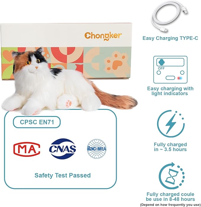 Chongker Interactive Companion Robot Cat, Weighted Breathing Stuffed Animals, Cat Plush Toy with Meow Voice, Breathing, Response, Realistic Heartbeat and Purring (Dark Calico Cat)