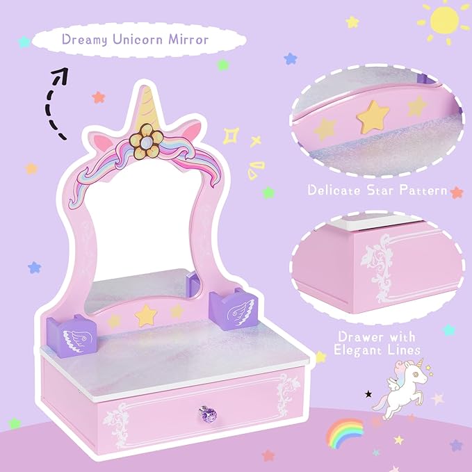 Wooden Vanity Set for Kids, Toddler Tabletop Beauty Salon Play Set w/Accessories & Drawer, Princess Makeup Pretend Play Vanity Table Toy with Mirror for Little Girls Age 3-8