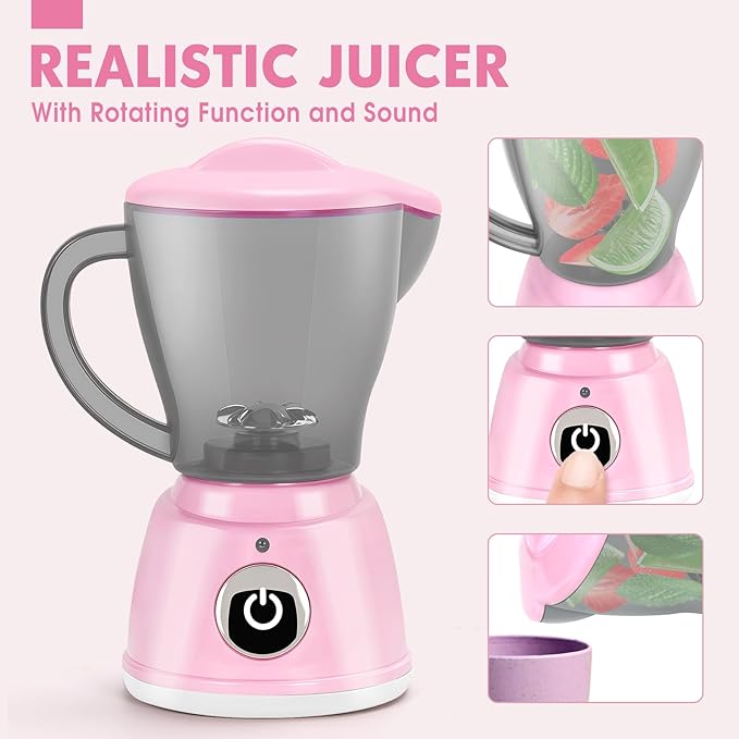 Pink Play Kitchen Appliances Toy Set with Coffee Maker Machine, Mixer, Toaster, Blender, Kids Kitchen Playset, Play Kitchen Accessories with Sound & Light, Birthday Gifts for Kid Girls Ages 3-5 4-8