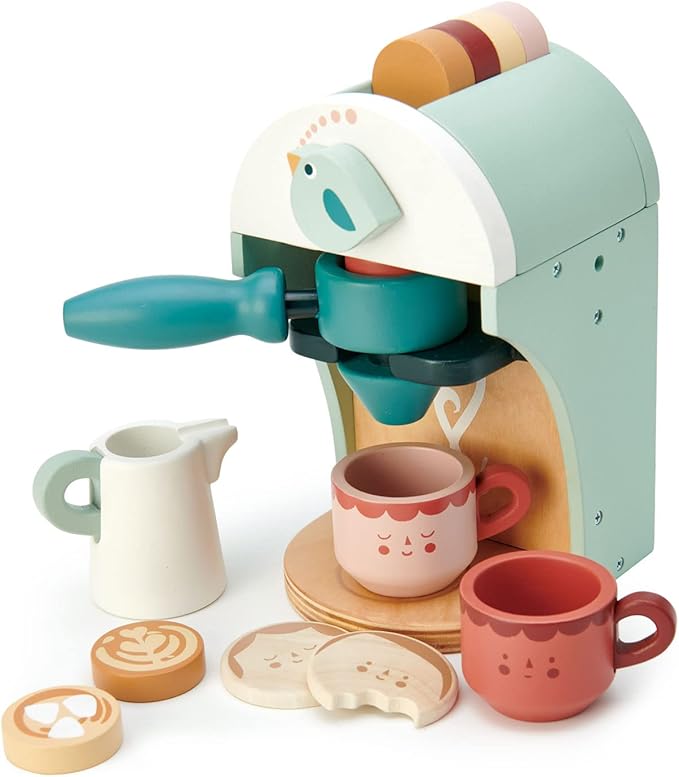 Tender Leaf Toys - Babyccino Maker - Wooden Coffee Machine Pretend Food Play Toy with Espresso Capsules and Cups - Made with Premium Materials and Craftsmanship - Age 3+