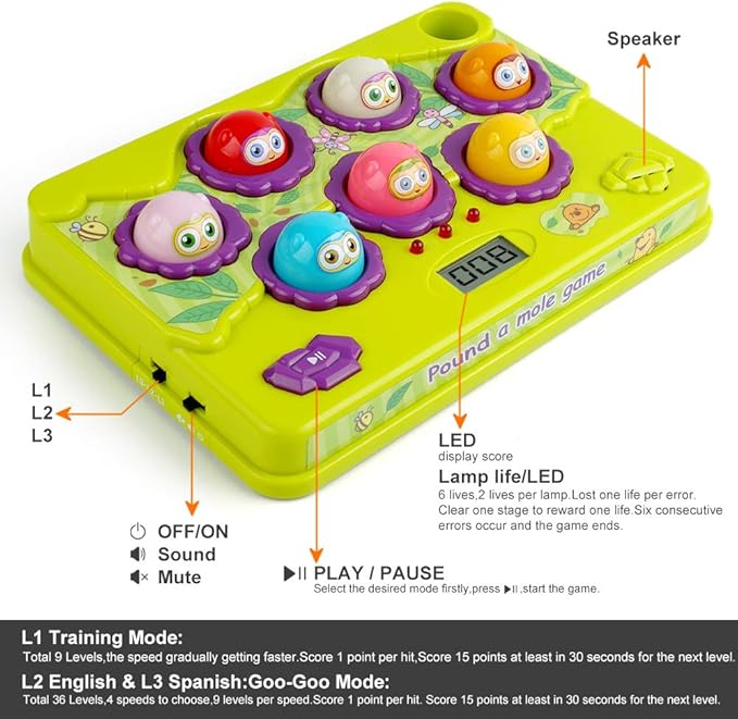 BAODLON Interactive Pound a Mole Game, Toddler Toys, Light-Up Musical Pounding Toy, Early Developmental Toy, Fun Gift for Age 3, 4, 5 Years Old Kids, Boys, Girls, 2 Soft Hammers Included