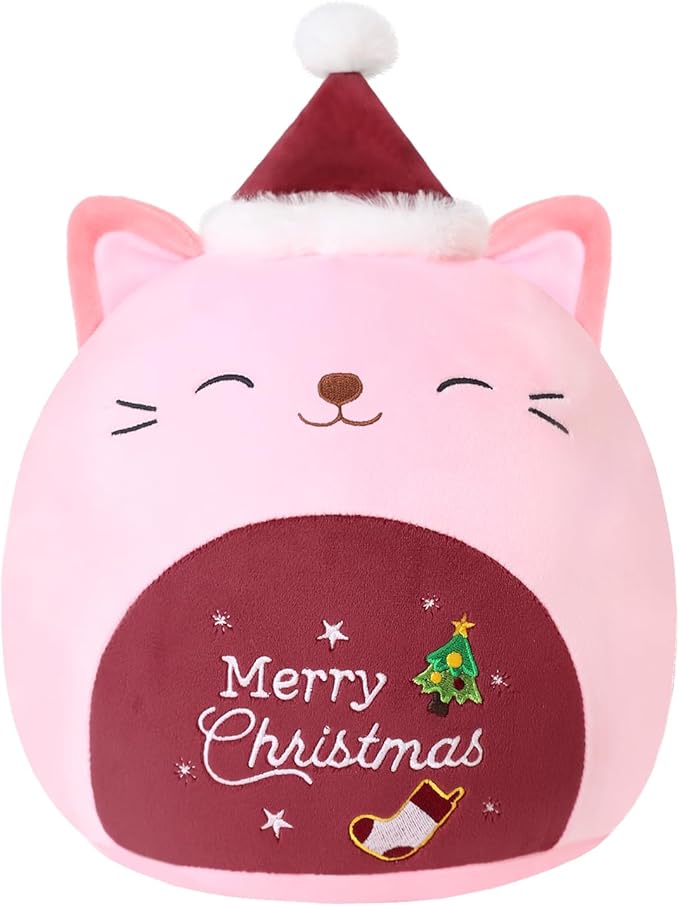 SQEQE Christmas Cat Stuffed Animal Pink Cat Plush Wearing Red Hat Kawaii Stuffed Toys Soft Home Plushie Decoration Gifts for Boys Girls (Red, 10 Inch)