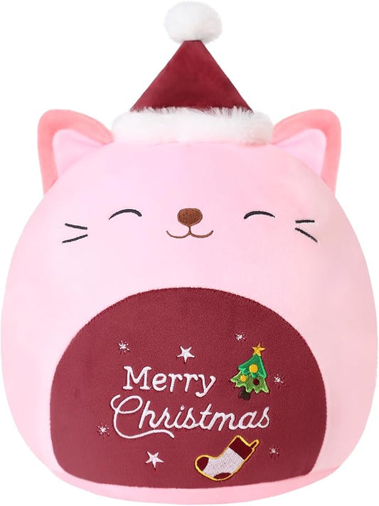 SQEQE Christmas Cat Stuffed Animal Pink Cat Plush Wearing Red Hat Kawaii Stuffed Toys Soft Home Plushie Decoration Gifts for Boys Girls (Red, 10 Inch)
