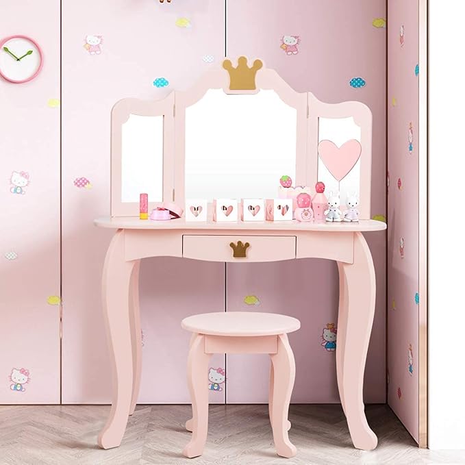 HONEY JOY Kids Vanity, Crown Themed Toddler Dressing Makeup Table and Chair Set w/Drawer & Tri-Folding Mirror, Detachable Mirror, Princess Pretend Play Girls Vanity Set with Mirror and Stool(Pink)