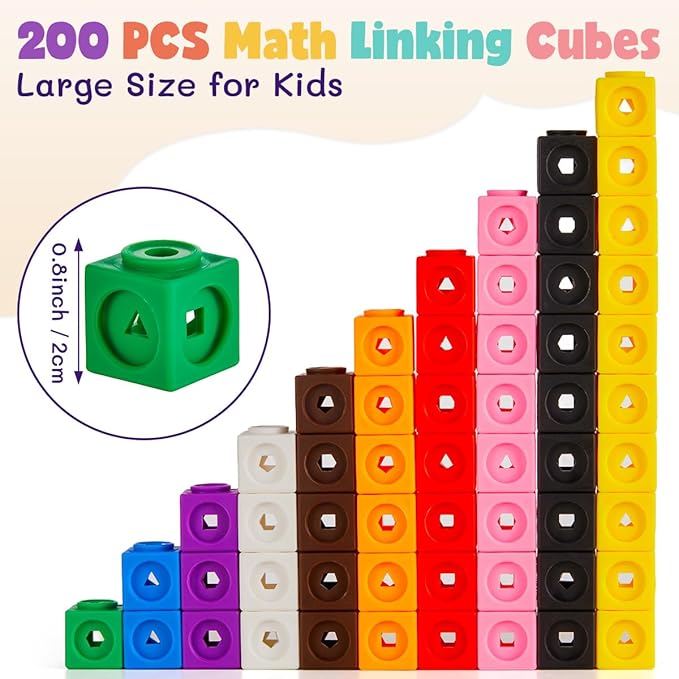 Set of 200 Kids Linking Cubes for Math, STEM Connecting Cubes Math Manipulatives Kids Counting Blocks for Classroom Learning Supplies for Preschool and School Children