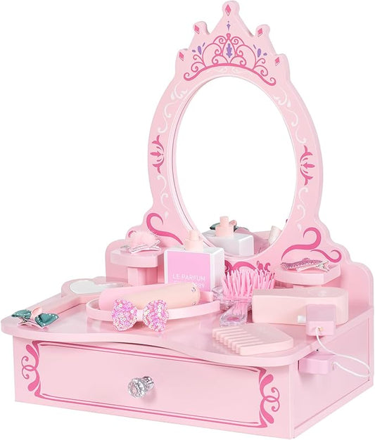 Wooden Vanity Set for Kids, Toddler Tabletop Beauty Salon Play Set w/Accessories & Drawer, Princess Makeup Pretend Play Vanity Table Toy with Crown Shaped Mirror for Little Girls Age 3-8
