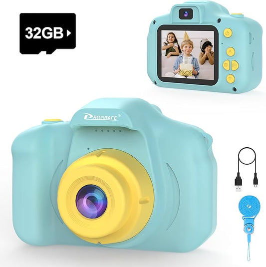 PROGRACE Kids Camera with 32GB SD Card, HD Digital Video Camera for Toddlers, IPS HD Screen, Birthday for Boys and Girls Ages 3-12 – Blue