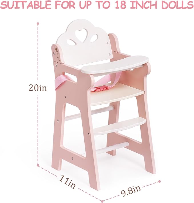 ROBOTIME High Chair for Pretend Play, Wooden Baby Doll Furniture with Safety Belt and Footrest, Fits 18 Inch Dolls, Gift for Ages 3+, White/Pink