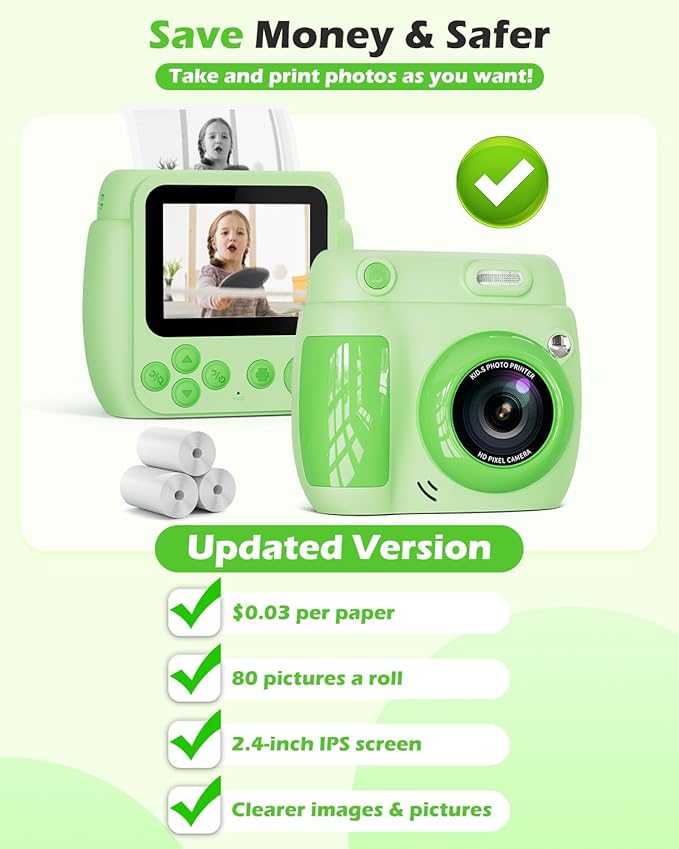 Kids Camera Instant Print - Christmas Birthday Gifts for Girls Boys Age 3-12, 1080P Video Digital Camera with 3 Rolls Printing Paper, Toddler Travel Toy Camera for 4 5 6 7 8 9 10 11 Year Old - Green