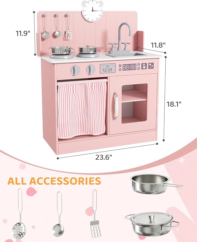 MAMIZO Play Kitchen for Toddlers, Wooden Kids Toy Kitchen Playset with Smart Storage, Ultimate Interactive, Simulated Gas Cooker, Sink & Faucet, 6 Pcs Cookware & Educational Clock (Pink)