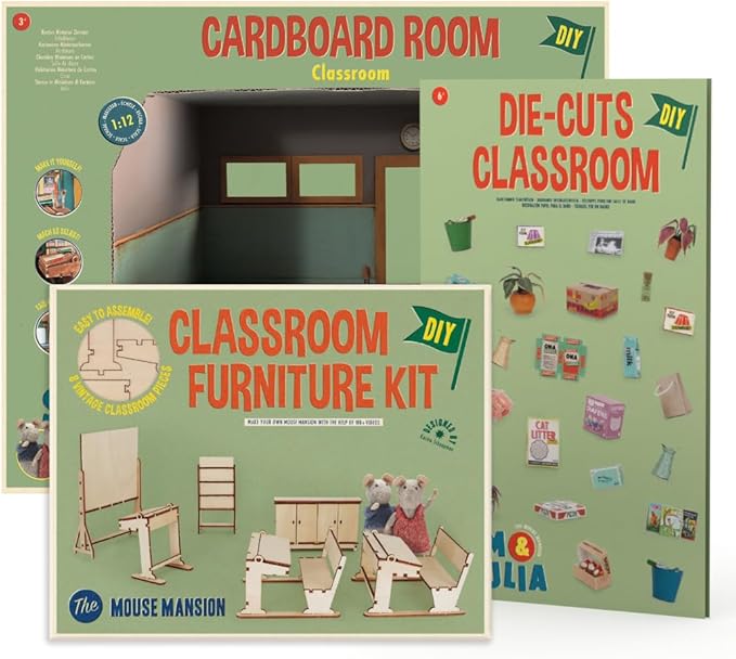 Classroom Dollhouse Craft Kit – Easy to Build & Paint School Room | Cardboard Room + 6 Wooden Pieces + Decoration Sheets | 1:12 Scale | Sam & Julia's Mouse Mansion