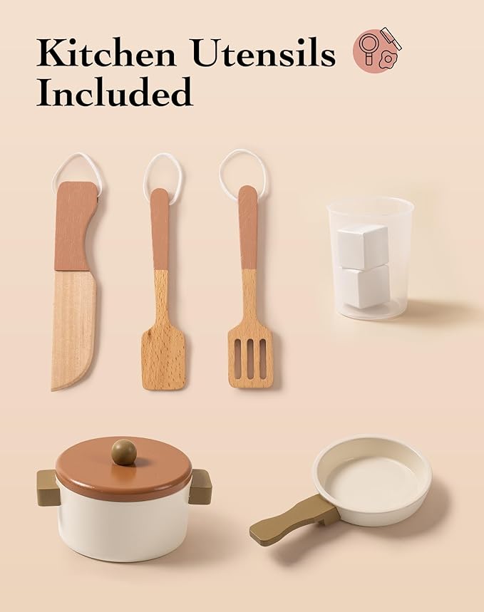 ROBOTIME Play Kitchen with Pretend Ice Cube Dispenser for Kids, Wooden Kids Kitchen Playset, Toy Kitchen Set for Toddler Age 3 4 5 6 (Mocha)