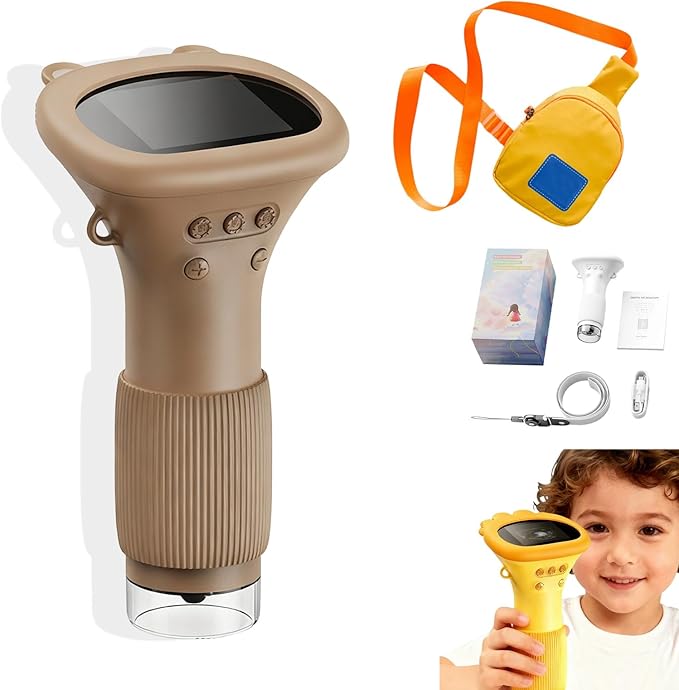 Lens Microscope Toy, Handheld Digital Microscopes, HD Pocket Portable Mini USB Microscopes Camera, 2" IPS Screen 1000X Microscope for Kids, Science Edu Fun Birthday Gifts Toys for Children (Brown)