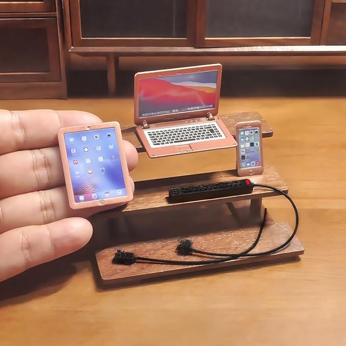 1:6 Scale Dollhouse Accessories - 4 Colors Miniature Digital Set: Metal Smartphone, Tablet, Laptop & Desktop USB Socket - 1:12 Scale Miniature Collectibles Gift (RoseGolden)