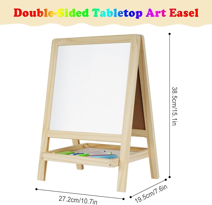 Kids Tabletop Double-Sided Wooden Art Easel - Chalkboard & Whiteboard Painting Board for Toddlers, Dry-Erase Classroom Desk Easel with Chalk, Markers, Eraser, Magnetic Letters/Numbers & Flashcards