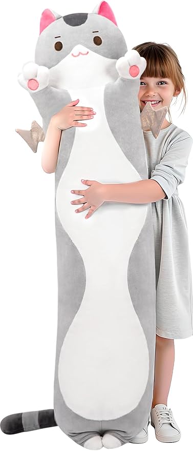 Mewaii Long Cat Plush 5 Sizes, 120% Extra Filling Giant Plushness Kids Body Pillow, Kawaii Cute Grey Cat Stuffed Animals Plushies, Big Long Body Pillow Cat Plush Gift for Girls 44”
