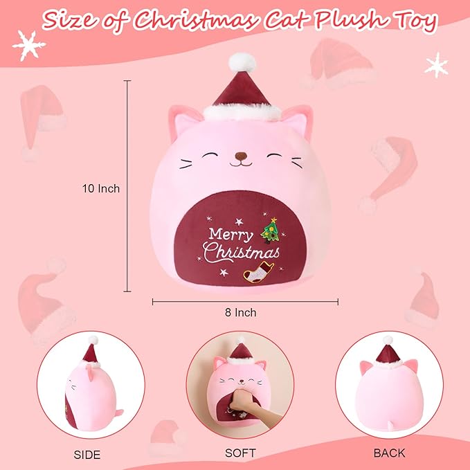 SQEQE Christmas Cat Stuffed Animal Pink Cat Plush Wearing Red Hat Kawaii Stuffed Toys Soft Home Plushie Decoration Gifts for Boys Girls (Red, 10 Inch)