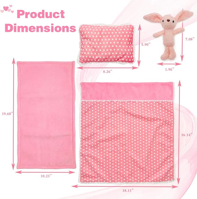 Baby Doll Accessories Bedding Set Soft Blanket Mattress Pillow Dolls Playset Fits 16-18 Inches American Doll Furniture Toy Girls and Boys (Pink)