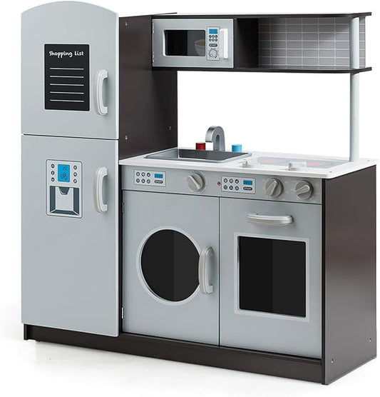 HONEY JOY Kids Kitchen Playset, Wooden Little Chef Pretend Toy Kitchen Set w/Sounds, Sink, Stove, Microwave, Storage Cabinet, Shop List, Play Kitchen for Toddlers, Gift for Boys Girls 3+, Gray