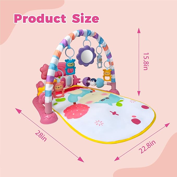 Baby Gym Play Mat, Musical Activity Center for Baby, Kick and Play Piano Gym, Tummy Time Play Mat for Newborn Babies Infants Boys Girls 0-3-6-9-12 Months (Pink)