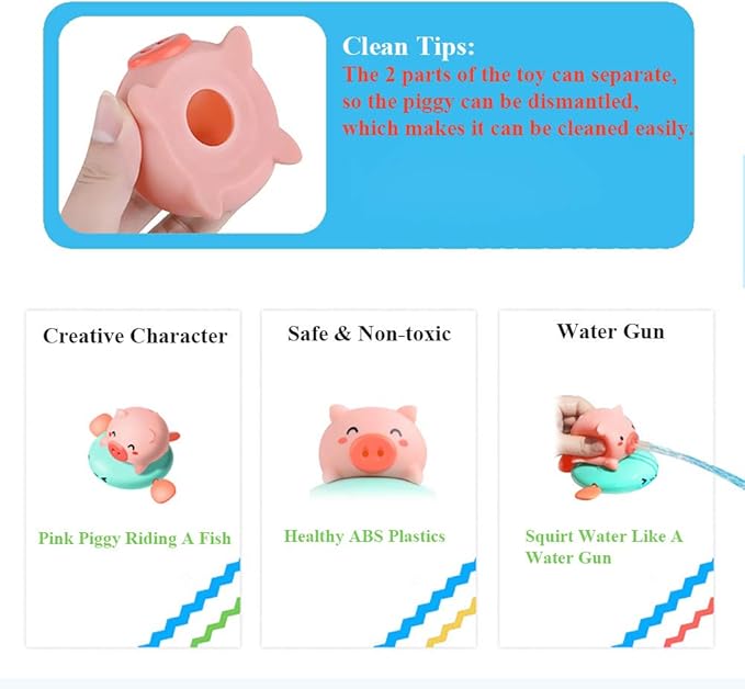 Pull String Baby Bath Toy Pull & Go Pink Piggy Cute Swimming Pig Windup Fish Water Spray Squirt Toy Clockwork Bathtub Toy for Toddlers