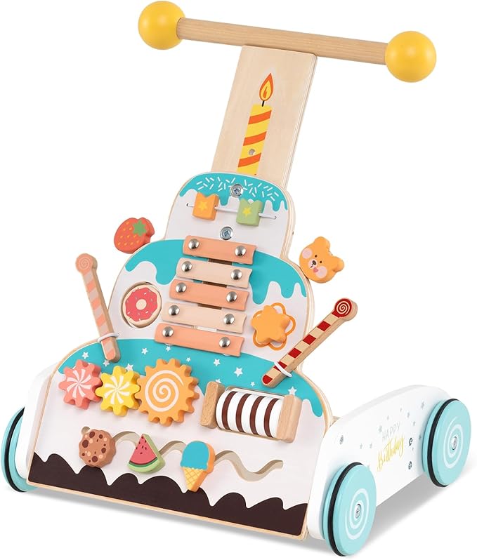 HONEY JOY Baby Push Walker, Wooden Infant Walker Activity Center w/Adjustable Handle, Develop Motor Skills & Creativity, Push Toys for Babies Learning to Walk, First Birthday Gift for Boys and Girls