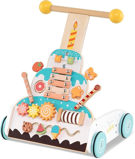HONEY JOY Baby Push Walker, Wooden Infant Walker Activity Center w/Adjustable Handle, Develop Motor Skills & Creativity, Push Toys for Babies Learning to Walk, First Birthday Gift for Boys and Girls