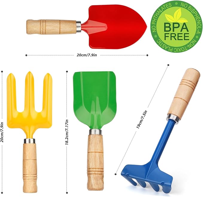Metal Garden Tool Set with Scoop Leaf Rake Weed Fork Hoe Sand Toy for Kids Adults, Toddler Beach Sandbox Shovels Kit, Beach Garden Gear Accessories Gift for Outdoor Digging Treasure Hunt(4PCS)