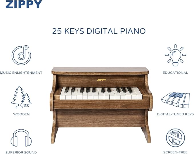 ZIPPY Kids Piano Keyboard, 25 Keys Digital Piano for Kids, Mini Music Educational Instrument Toy, Wood Toy for Toddlers Girls Boys (Walnut)