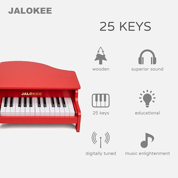 Kids Piano Keyboard, 25 Keys Grand Piano for Kids, Mini Music Educational Instrument Toy, Volume Adjustable, Wood Toy for Toddlers Girls Boys (Red)