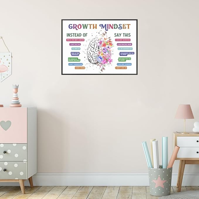 uoyien Classroom Growth Mindset Affirmations for Kids Mental Health Posters Brain Poster Psychology Special Education Calm Corner Wall Art Office Therapy Canvas Wall Decor Prints 12x16in Metal Framed