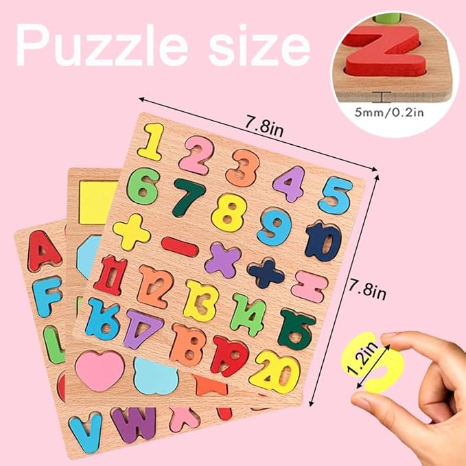 Wooden Puzzles for Toddlers, 3pack Alphabet Shape Puzzles for Kids 3 Wooden Montessori Toddler Wooden Alphabet Number Shape for Kids 3 Years Old Boys & Girls