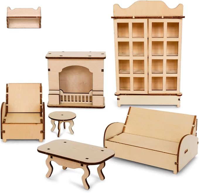 Living Room Dollhouse Craft Kit – Easy to Build & Paint Living Room with Fireplace | Cardboard Room + 7 Wooden Pieces + Decoration Sheets | 1:12 Scale | Sam & Julia's Mouse Mansion