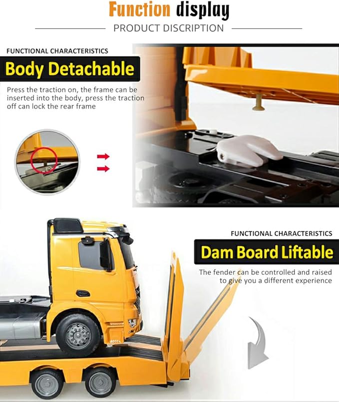 DOUBLE E Benz Authorized Remote Control Semi Truck with 2 Batteries 2.4Ghz Trailer RC Flatbed Trailer Crane Tractor, Electronics Construction Vehicles Toy with Sound and Lights