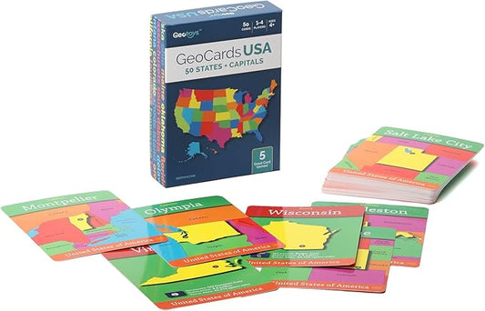 Geotoys GeoCards, USA Flash Cards Geography Game, Kid Card Games for Families, Home, School & Travel - States and Capitals Flash Cards - Fun Kid Games Ages 4 and Up